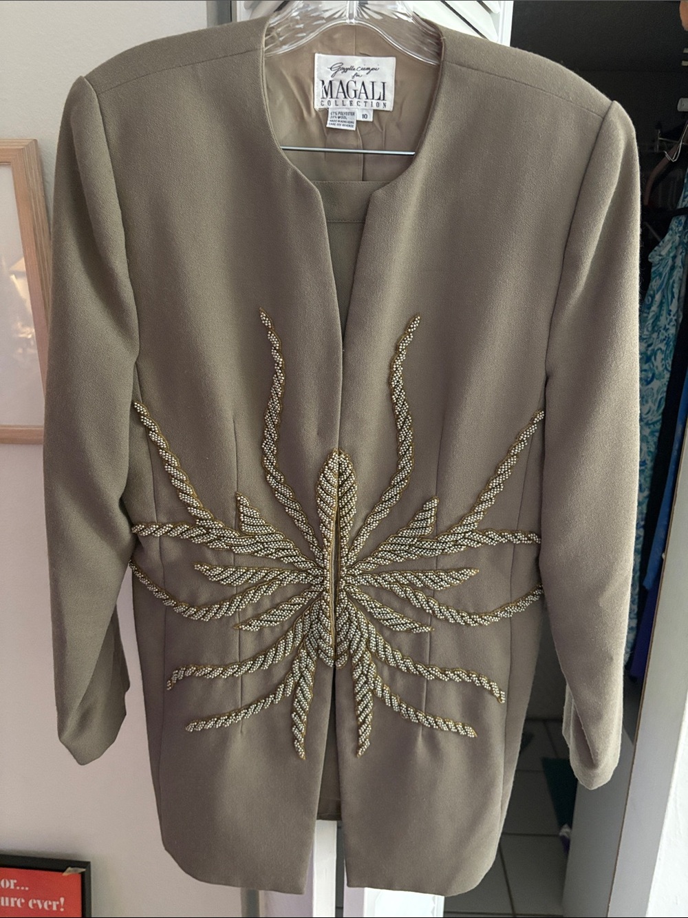 Gazzelle is ciampi Magali Collection Olive Beaded Open-Front Blazer and skirt